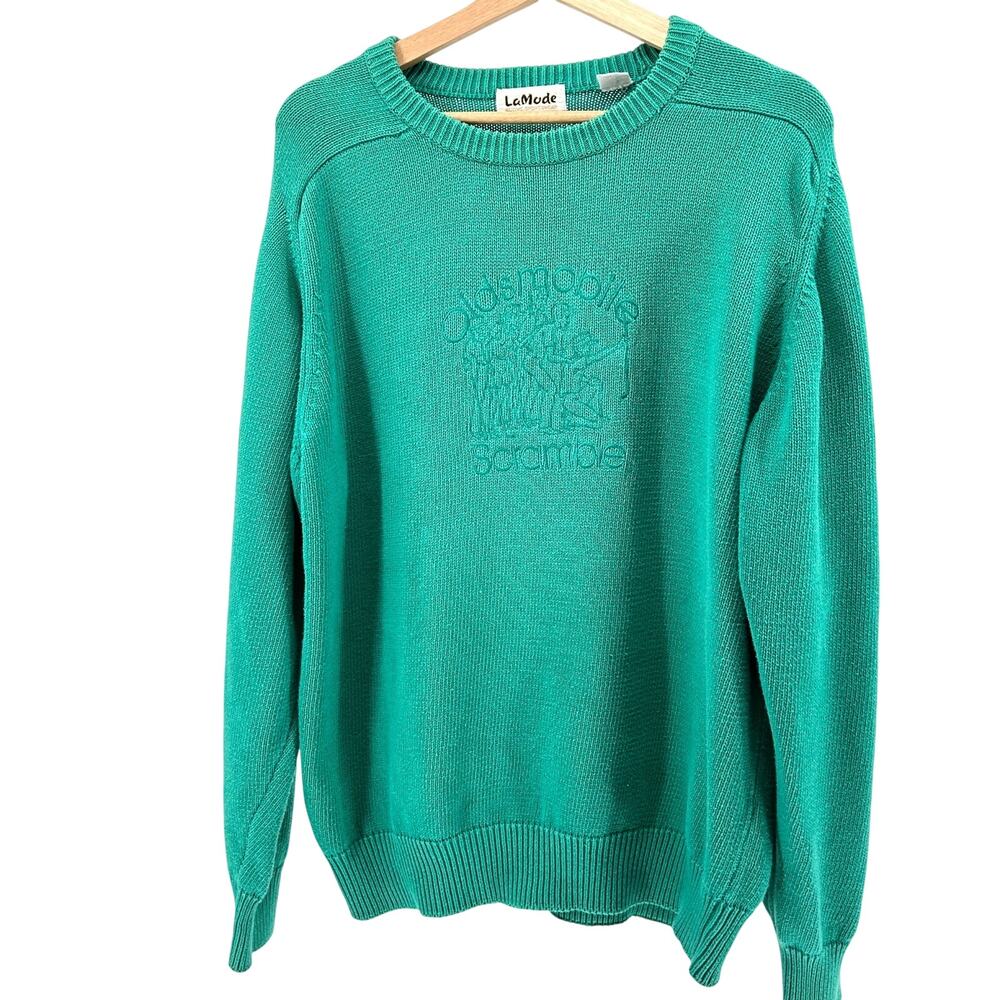 Vintage 80s LaMode Jade Green 100% Cotton Embroidered Golf Tournament Sweater